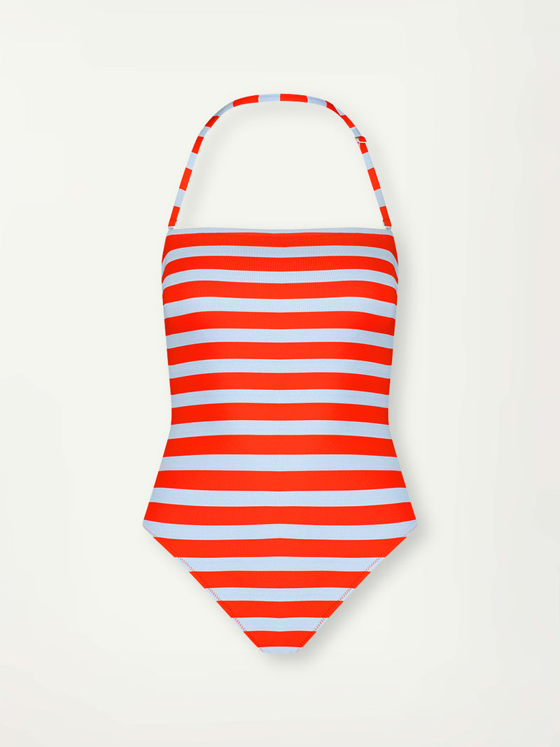 Product Front Shot of lemlem Dinha One Piece featuring bold and bright tangerine color, accented by pale blue stripes
