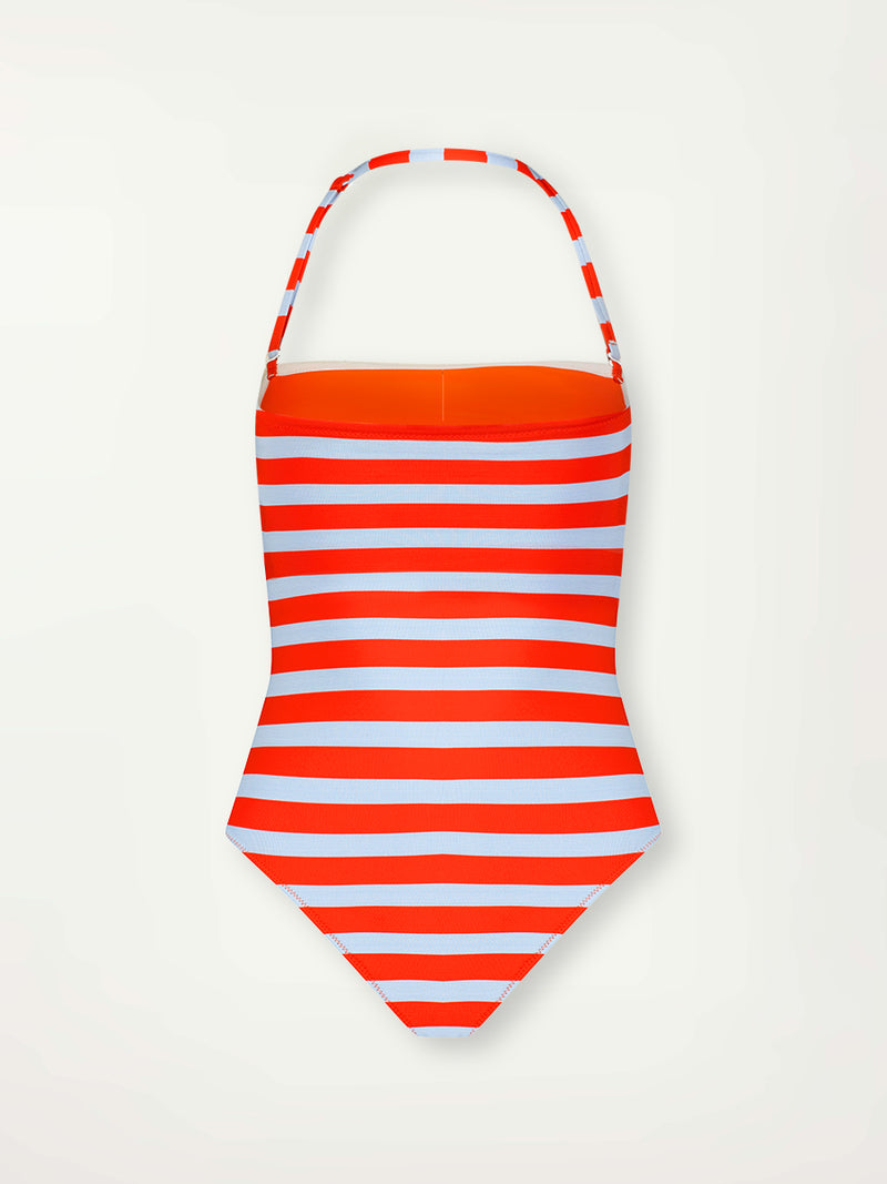Product Back Shot of lemlem Dinha One Piece featuring bold and bright tangerine color, accented by pale blue stripes
