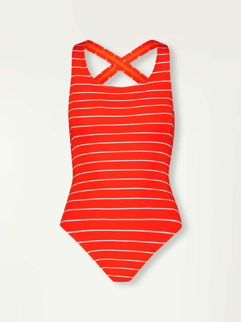 Product Front Shot of lemlem Aster One Piece featuring bright juicy tangerine hues accented by pale blue fine stripes