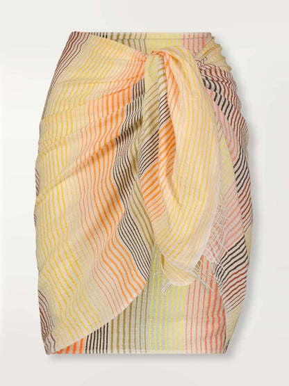 Product front shot of lema sarong in amaresh sunshine featuring continuous stripe pattern in warm yellow, orange and peach tones.