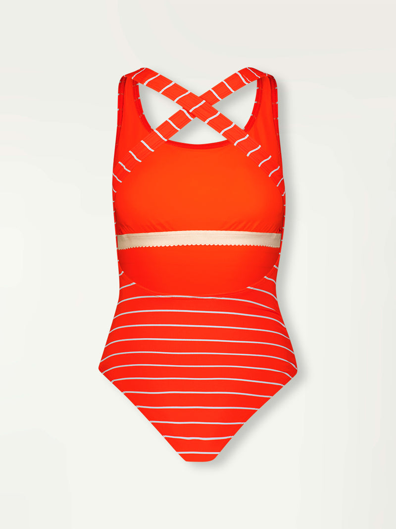Product Back Shot of lemlem Aster One Piece featuring bright juicy tangerine hues accented by pale blue fine stripes