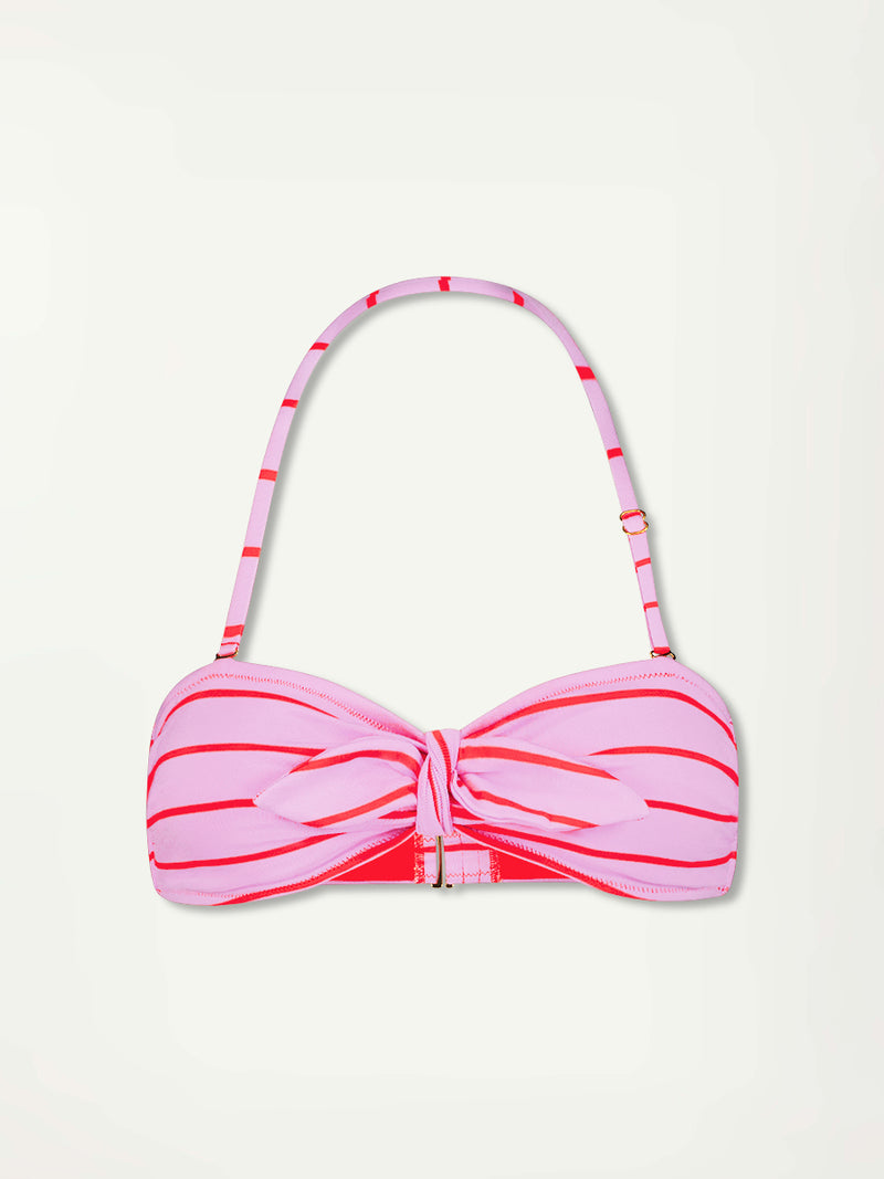 Product Front Shot of lemlem AVA Bandeau Top featuring soft pink color accented by neon orange red stripes  and matching high waist bottom