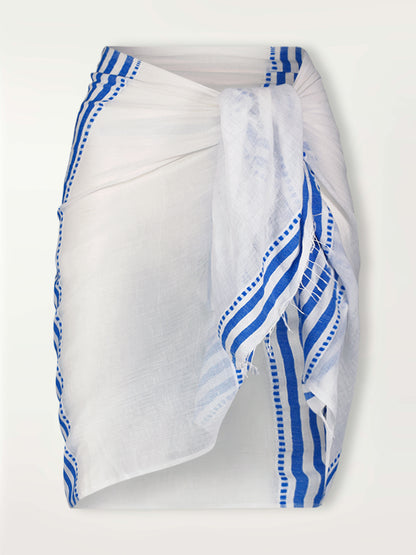 Product Front Shot of lemlem Lema Sarong Featuring crisp white background and bright blue stripes and dots pattern