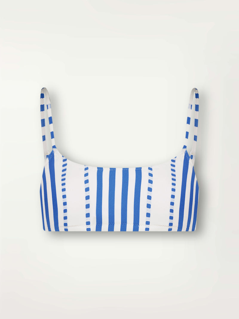 Product Front Shot of lemlem Asha Scoop Bikini Top Featuring crisp white background and bright blue stripes and dots pattern