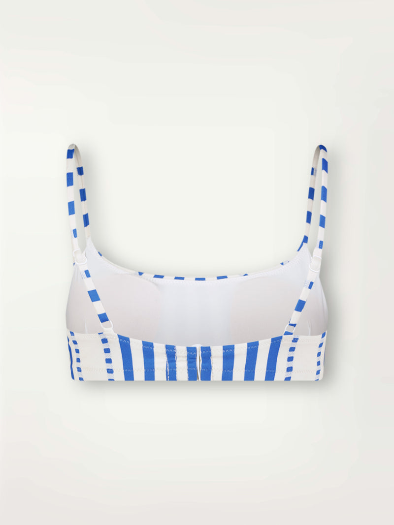 Product Back Shot of lemlem Asha Scoop Bikini Top Featuring crisp white background and bright blue stripes and dots pattern