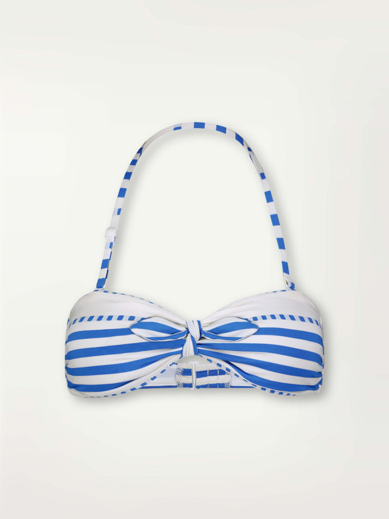 Product Front Shot of lemlem Ava Bandeau Top Top Featuring crisp white background and bright blue stripes and dots pattern