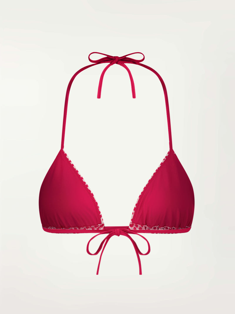 Product Back Shot of lemlem Malia Triangle Top featuring vibrant raspberry dots on an ivory background