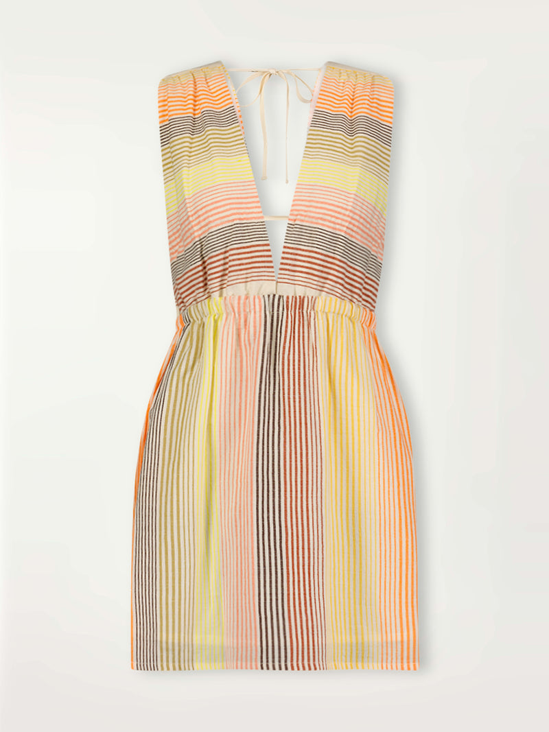 Product Front Shot of lemlem  Anthea V Neck Dress featuring continuous stripe pattern in warm yellow, orange and peach tones