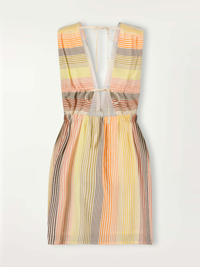 Product Back Shot of lemlem Anthea V Neck Dress featuring continuous stripe pattern in warm yellow, orange and peach tones