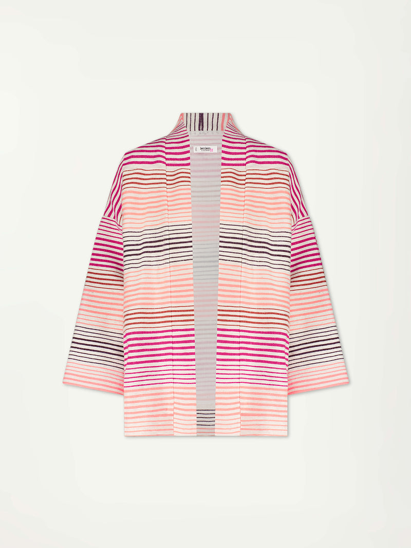 Product Front Shot of lemlem Terarra Jacket featuring ombre stripe pattern, where deep plum seamlessly transitions into peach, chestnut, and bright pink