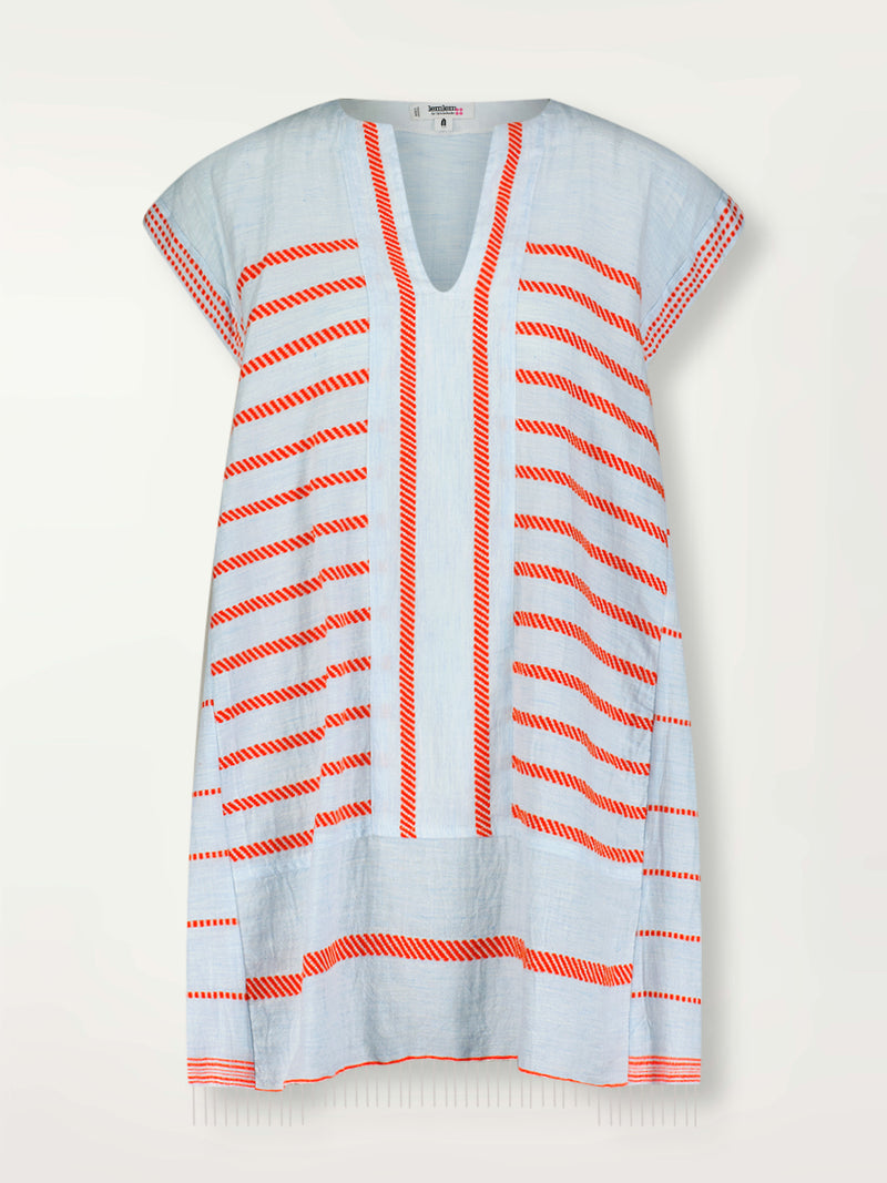 Product Front Shot of lemlem Elina Caftan featuring playful pattern of red dots becoming stripes on a pale blue background