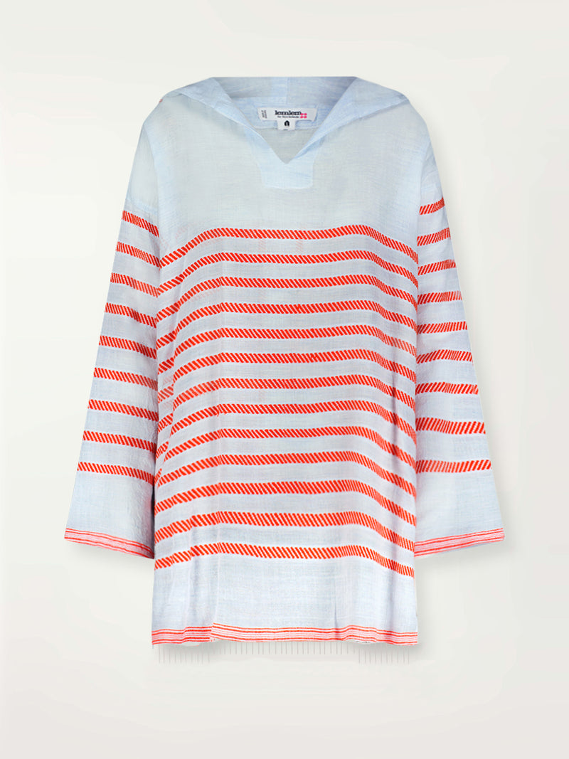 Product Front Shot of lemlem Henok Hoodie featuring playful pattern of red dots becoming stripes on a pale blue background