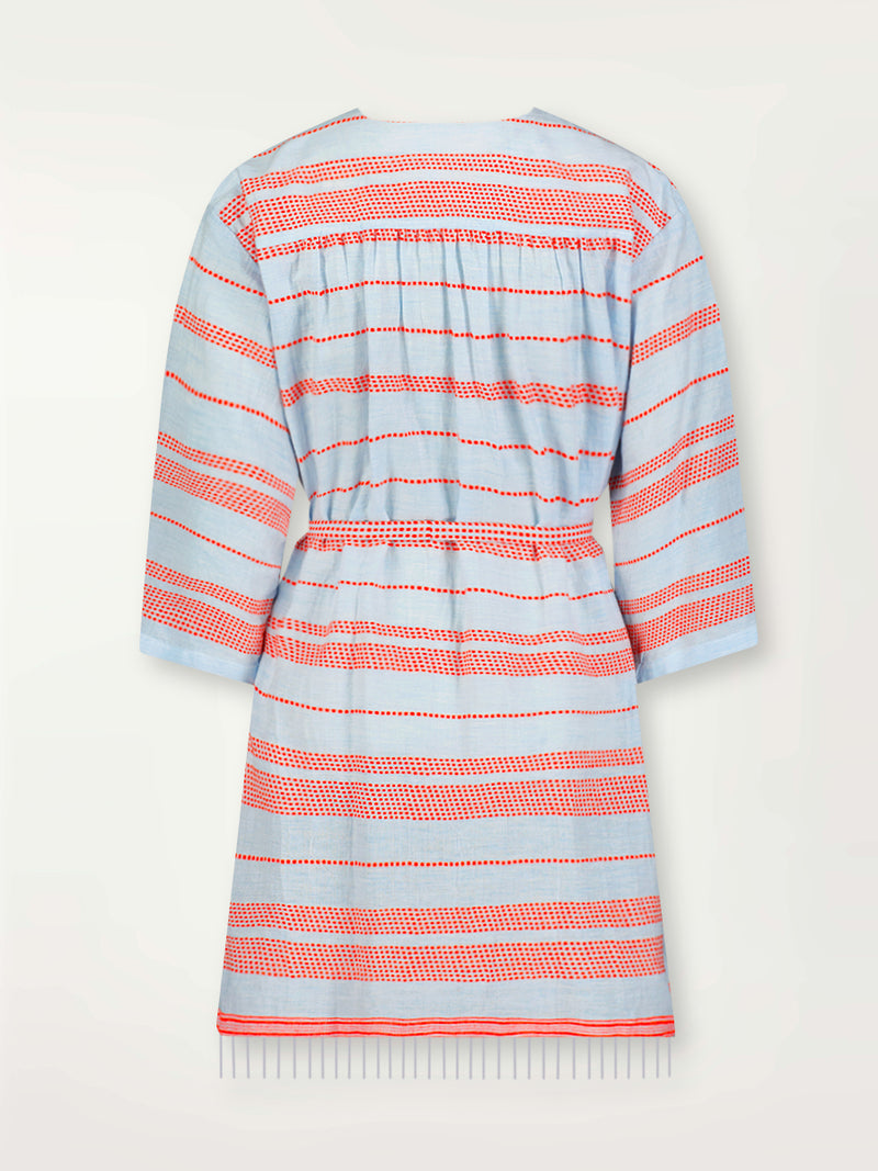 Product Back Shot of lemlem Imani Robe featuring playful pattern of red dots becoming stripes on a pale blue background