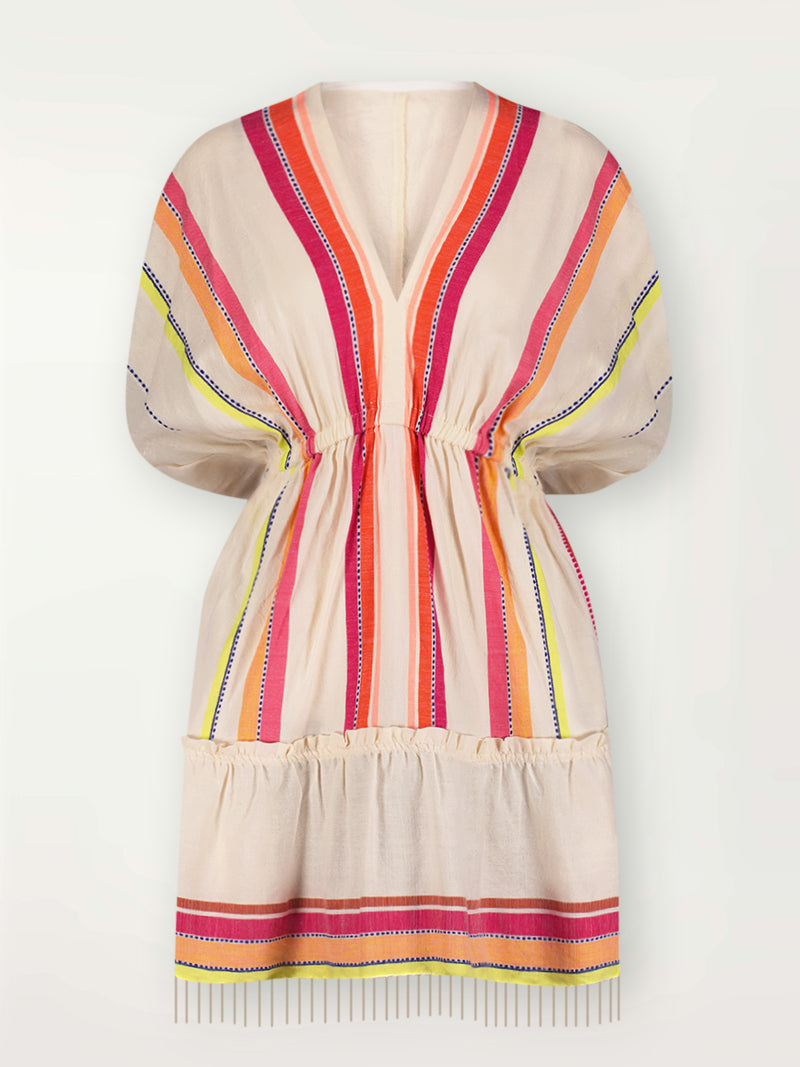 Product Front shot of lemlem Alem Plunge Dress featuring tibeb inspired stripes in a vibrant fiesta of colors against a creamy vanilla background.
