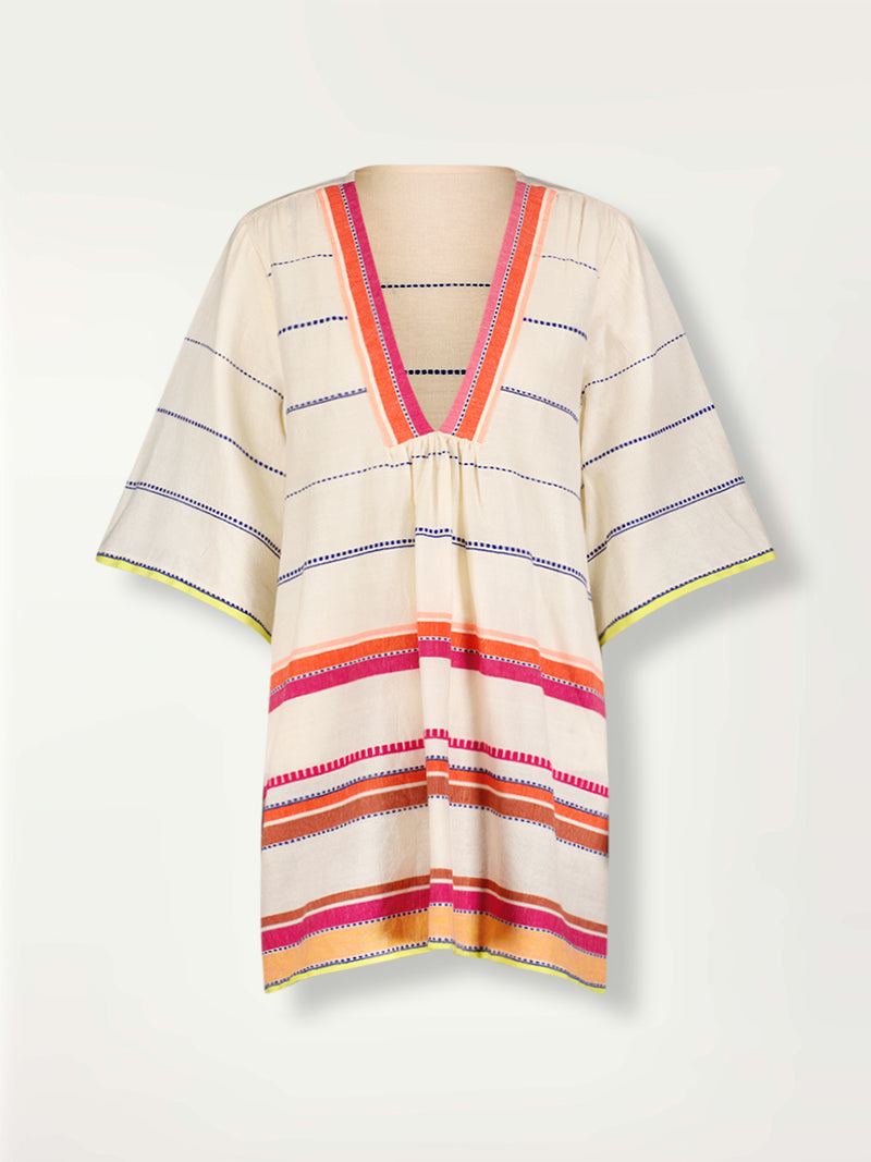 Product Front shot of lemlem Belkis Caftan featuring tibeb inspired stripes in a vibrant fiesta of colors against a creamy vanilla background.