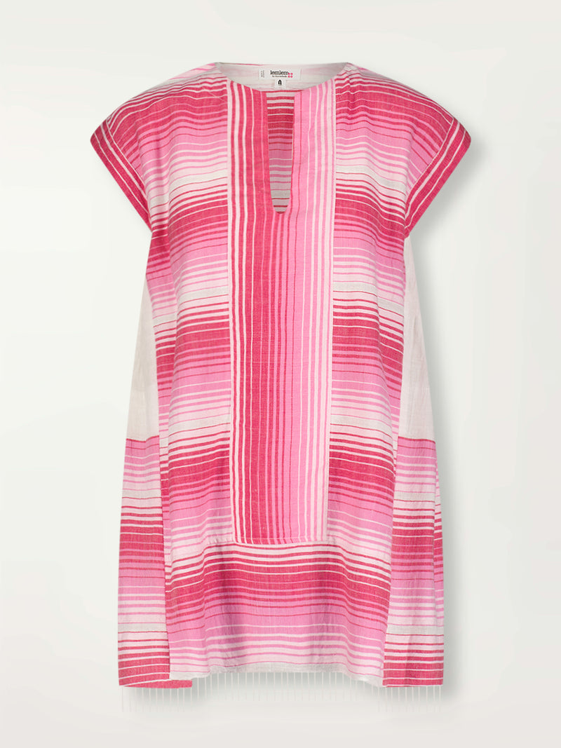 Product Shot of lemlem Elina Caftan  Dress featuring white, soft pink, and raspberry stripes that effortlessly blend into a stunning ombre effect