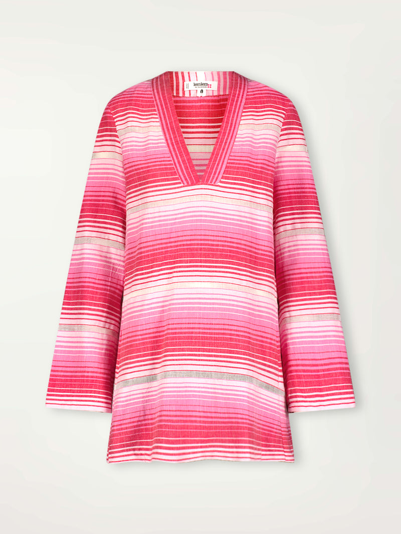 Product Front Shot of lemlem Raey Dress featuring white, soft pink, and raspberry stripes that effortlessly blend into a stunning ombre effect