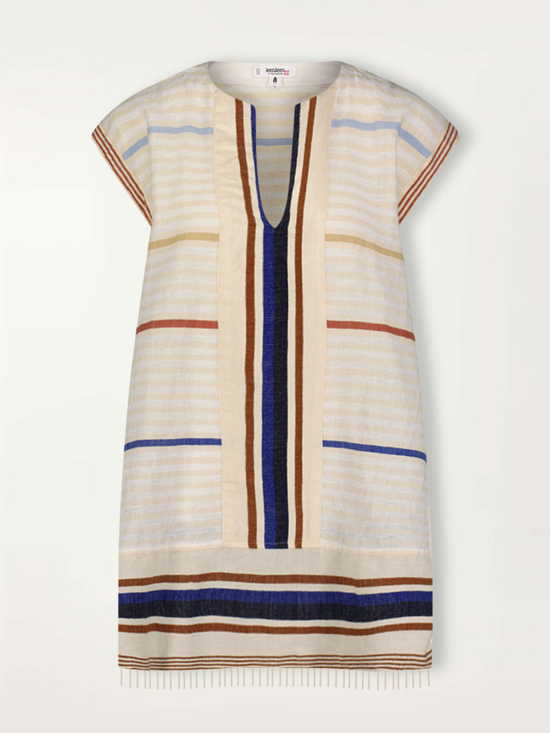 Product Front Shot of lemlem Elina Caftan featuring striking bold stripe design in blue and brown hues on a neutral background