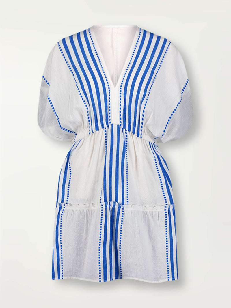 Product Front Shot of lemlem Alem Plunge Dress Featuring crisp white background and bright blue stripes and dots pattern