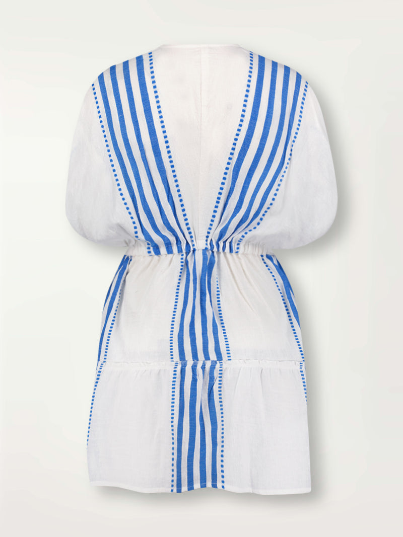 Product Back Shot of lemlem Alem Plunge Dress Featuring crisp white background and bright blue stripes and dots pattern