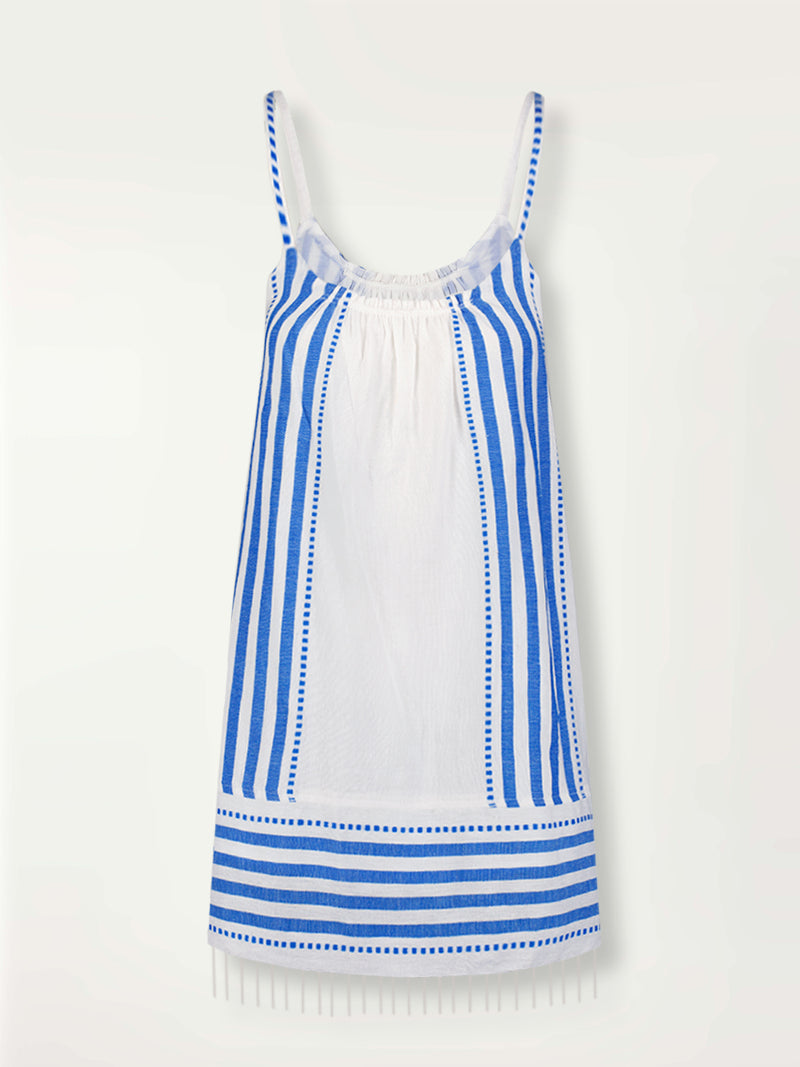 Product Back Shot of lemlem Zina Swing Dress Featuring crisp white background and bright blue stripes and dots pattern