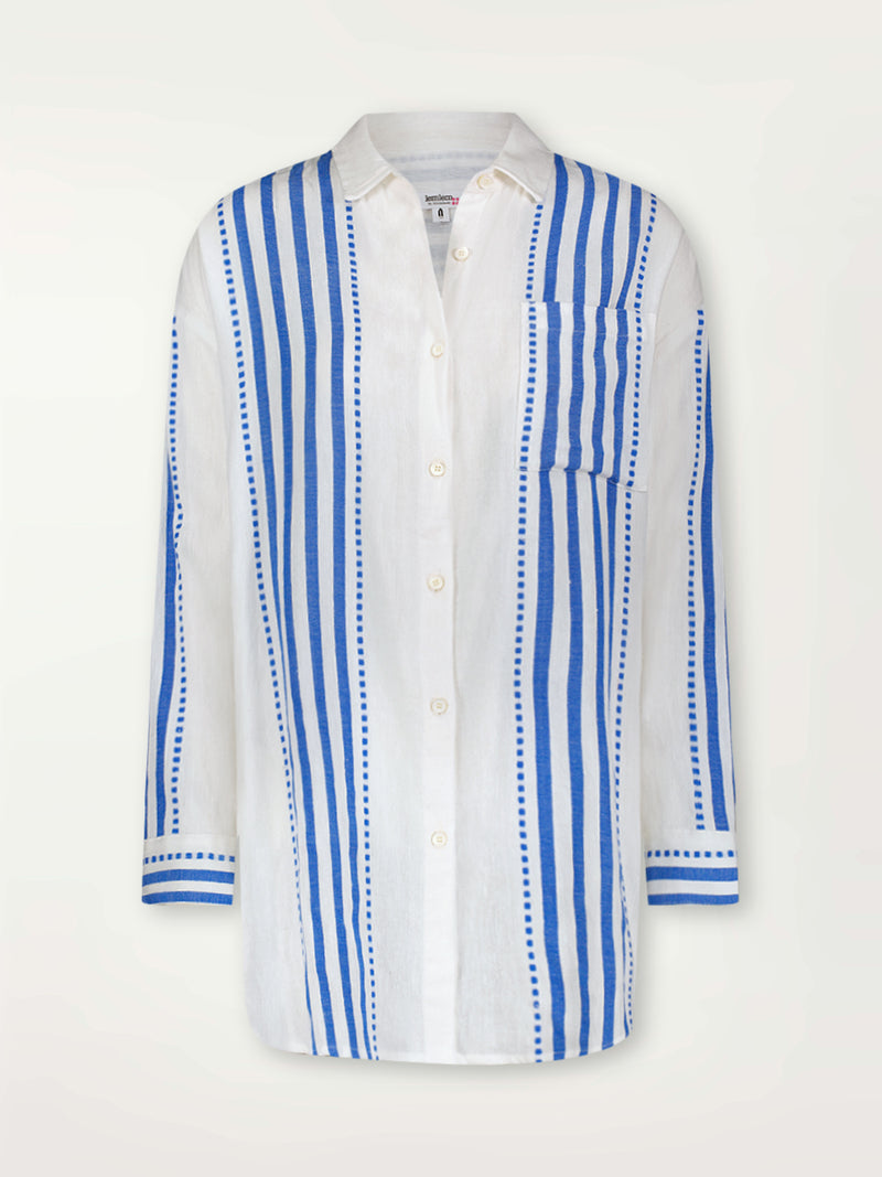 Product Front Shot of lemlem Mariam Shirt Featuring crisp white background and bright blue stripes and dots pattern