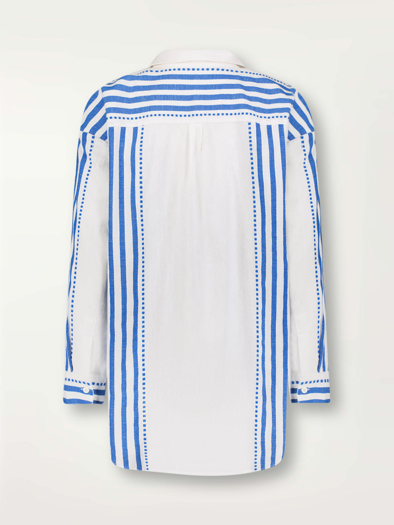 Product Back Shot of lemlem Mariam Shirt Featuring crisp white background and bright blue stripes and dots pattern