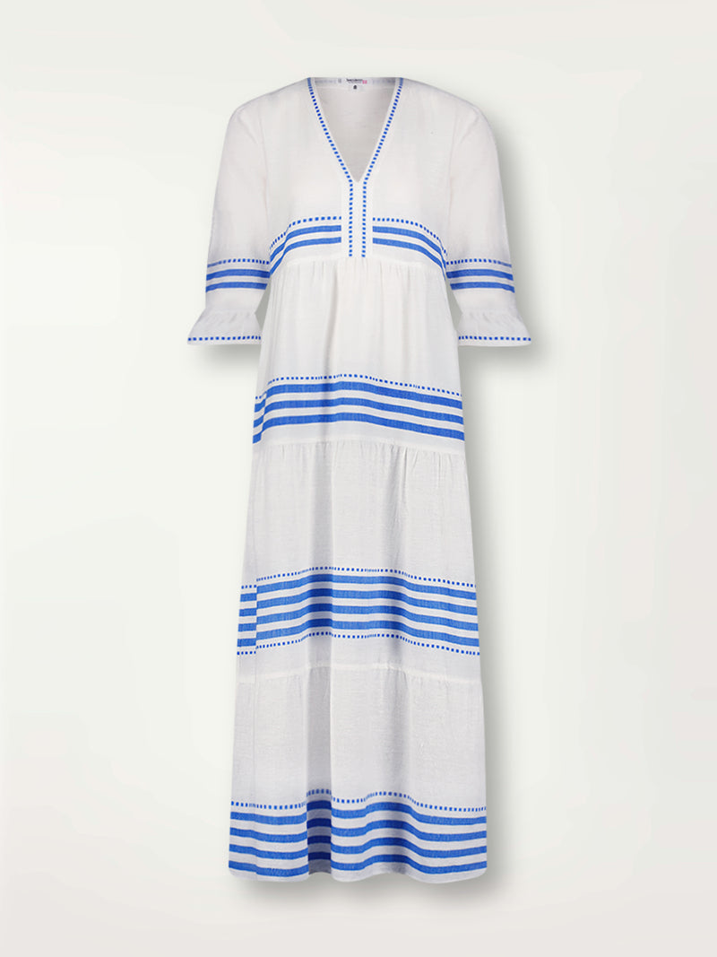 Product Front Shot of lemlem Hawi Flutter Dress Featuring crisp white background and bright blue stripes and dots pattern