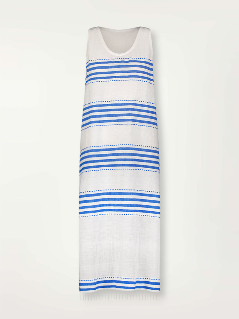 Product Front Shot of lemlem Lilian Tank Dress Featuring crisp white background and bright blue stripes and dots pattern