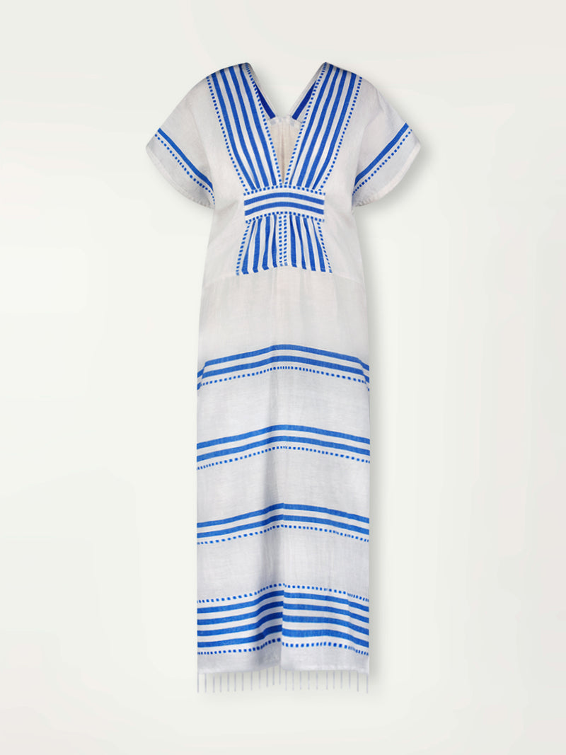 Product Front Shot of lemlem Gasira V Neck Caftan Featuring crisp white background and bright blue stripes and dots pattern