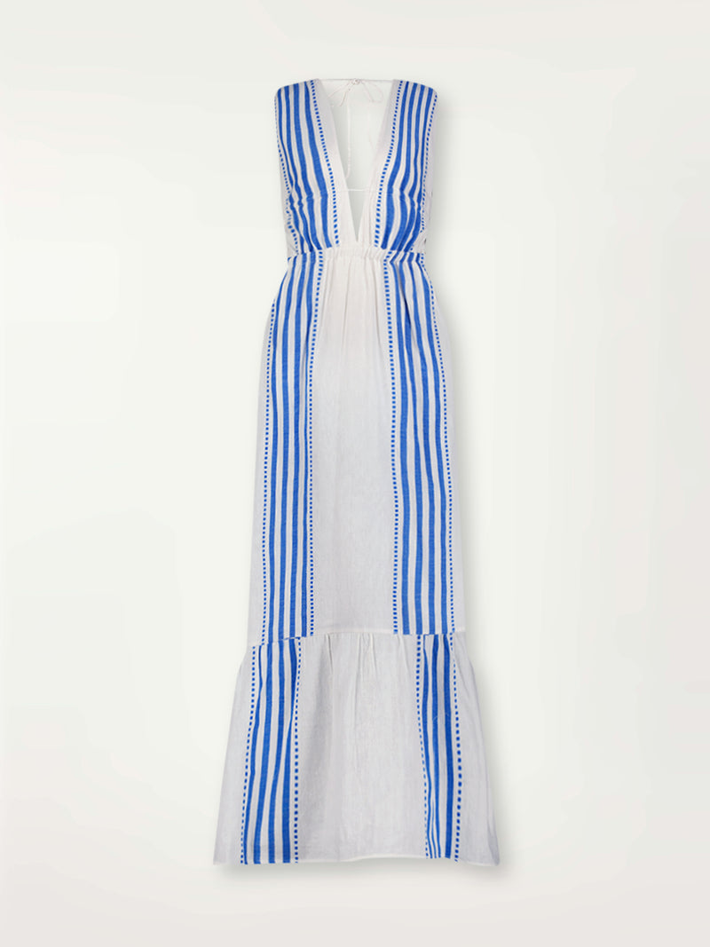 Product Front Shot of lemlem Lelisa V Neck Dress Featuring crisp white background and bright blue stripes and dots pattern