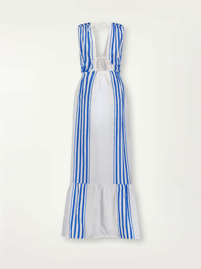 Product Back Shot of lemlem Lelisa V Neck Dress Featuring crisp white background and bright blue stripes and dots pattern
