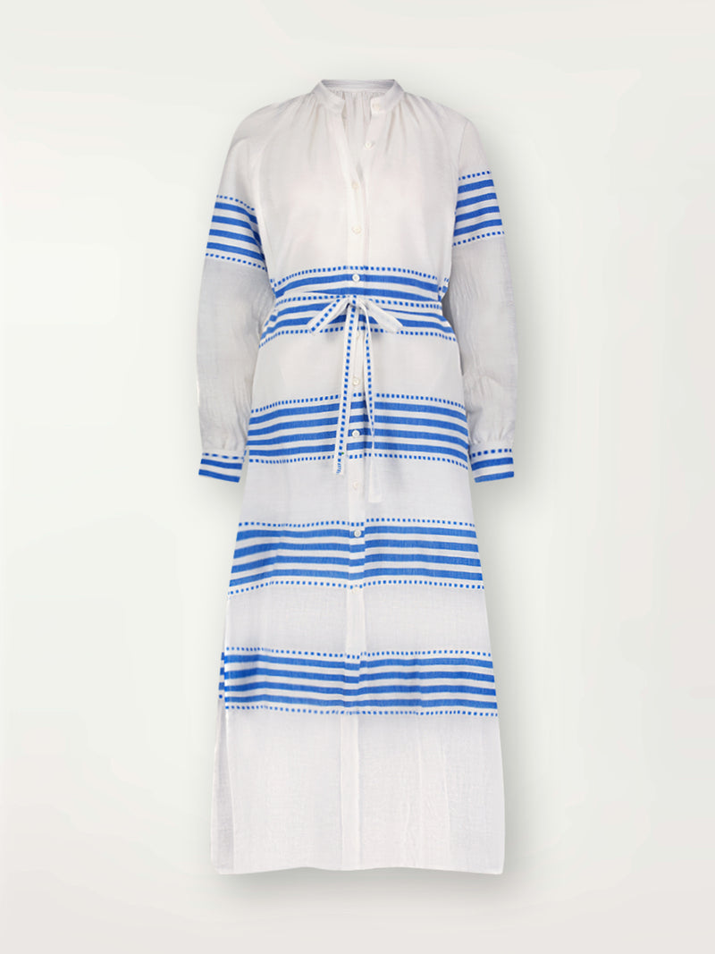 Product Front Shot of lemlem Makeda Button Up Dress Featuring crisp white background and bright blue stripes and dots pattern