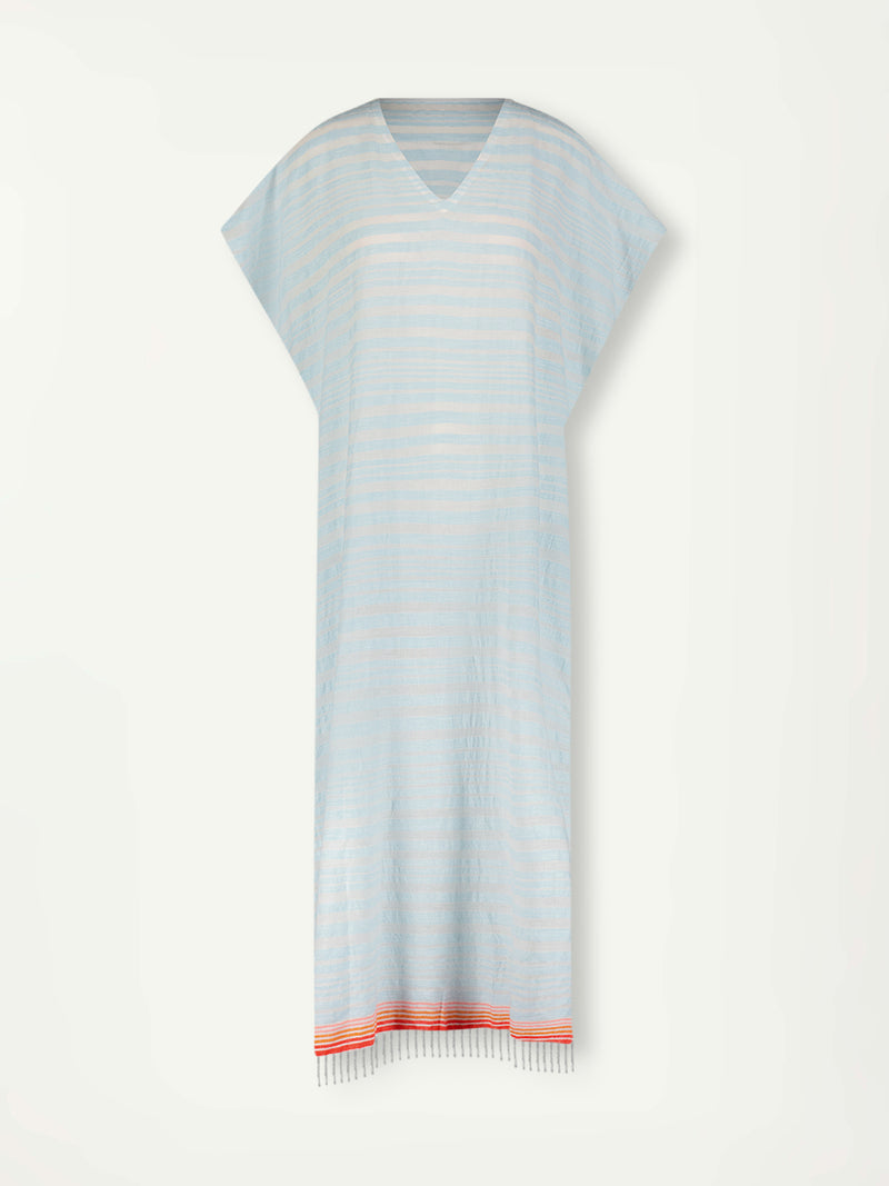 Product Front Shot of lemlem DALILA Caftan featuring a soft, variegated two-color stripe in sky blue and cream, complemented by placed bands of bright orange and tangerine