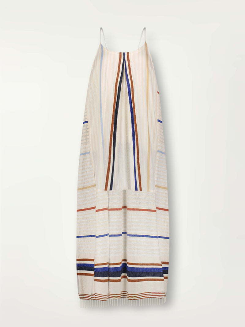Product Front Shot of lemlem Nia Slip Dress featuring striking bold stripe design in blue and brown hues on a neutral background