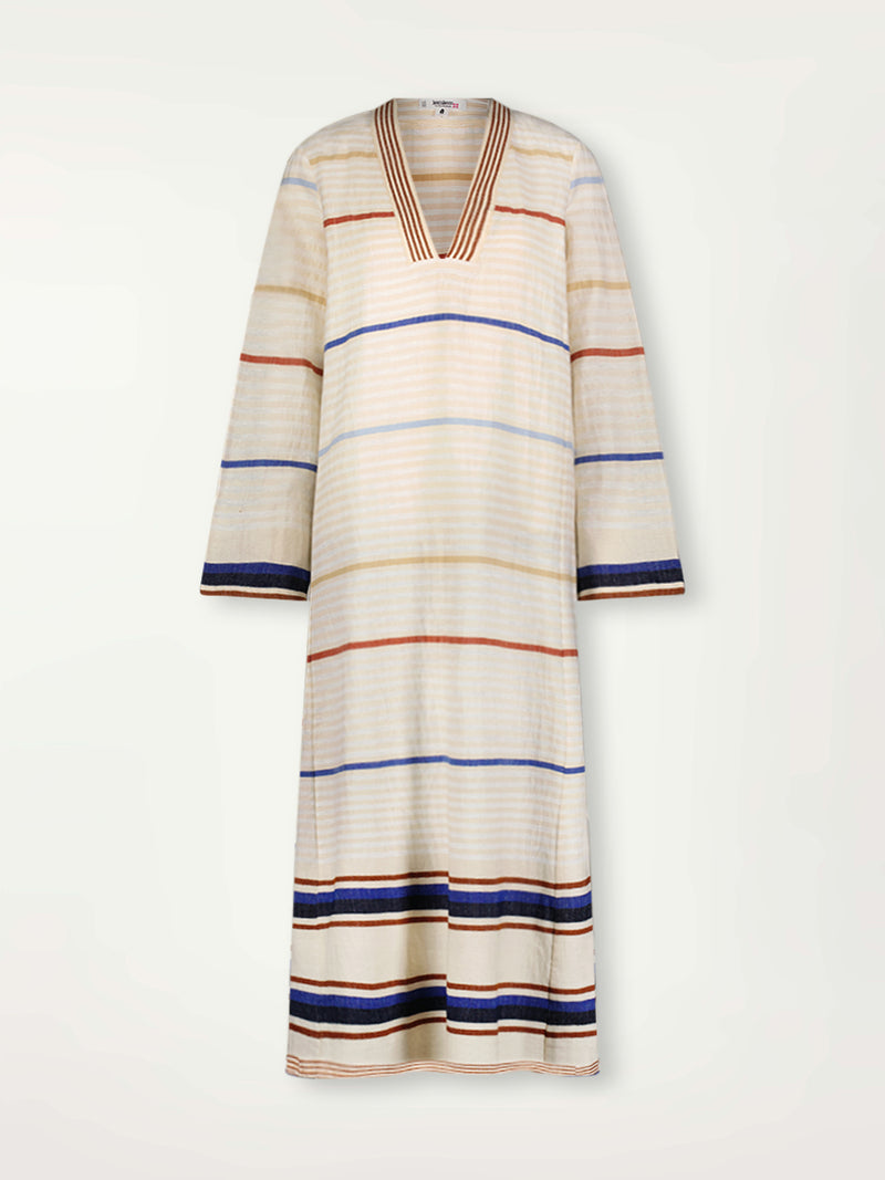 Product Front Shot of lemlem Theodora Column Dress featuring striking bold stripe design in blue and brown hues on a neutral background