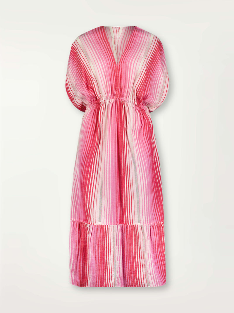 Product  Front Shot of lemlem Leila Plunge Dress featuring white, soft pink, and raspberry stripes that effortlessly blend into a stunning ombre effect
