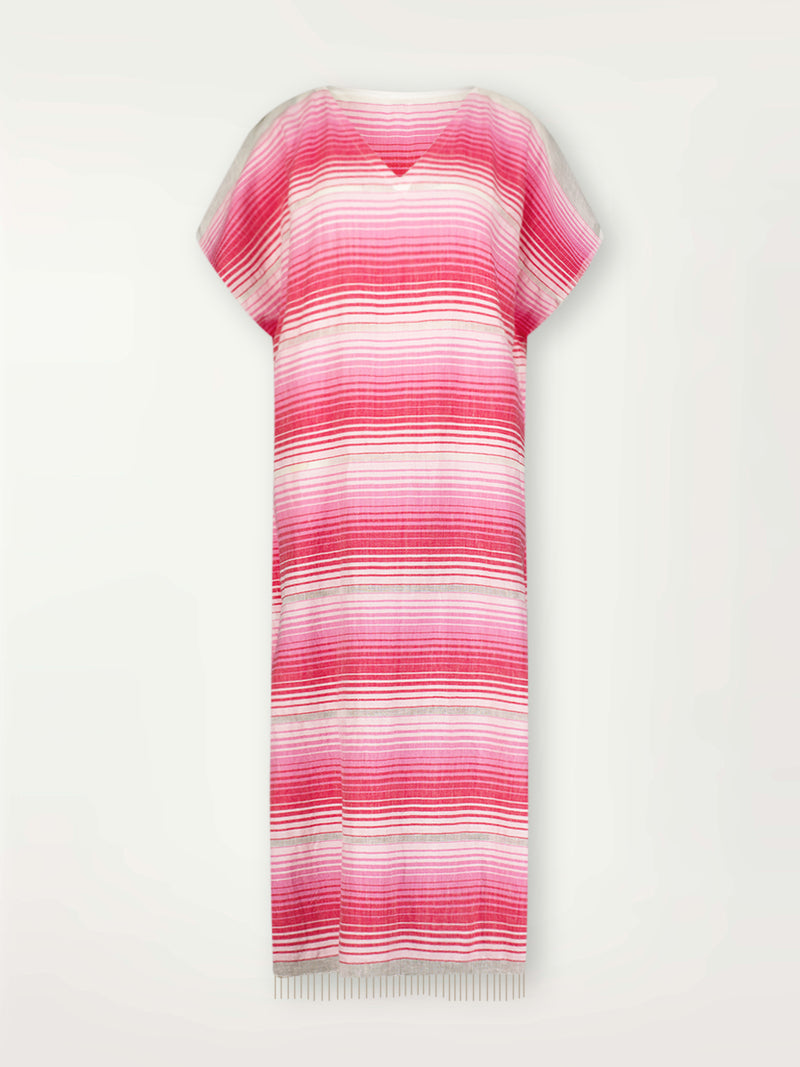 Product Shot of lemlem Dalila V Neck Caftan Dress featuring white, soft pink, and raspberry stripes that effortlessly blend into a stunning ombre effect