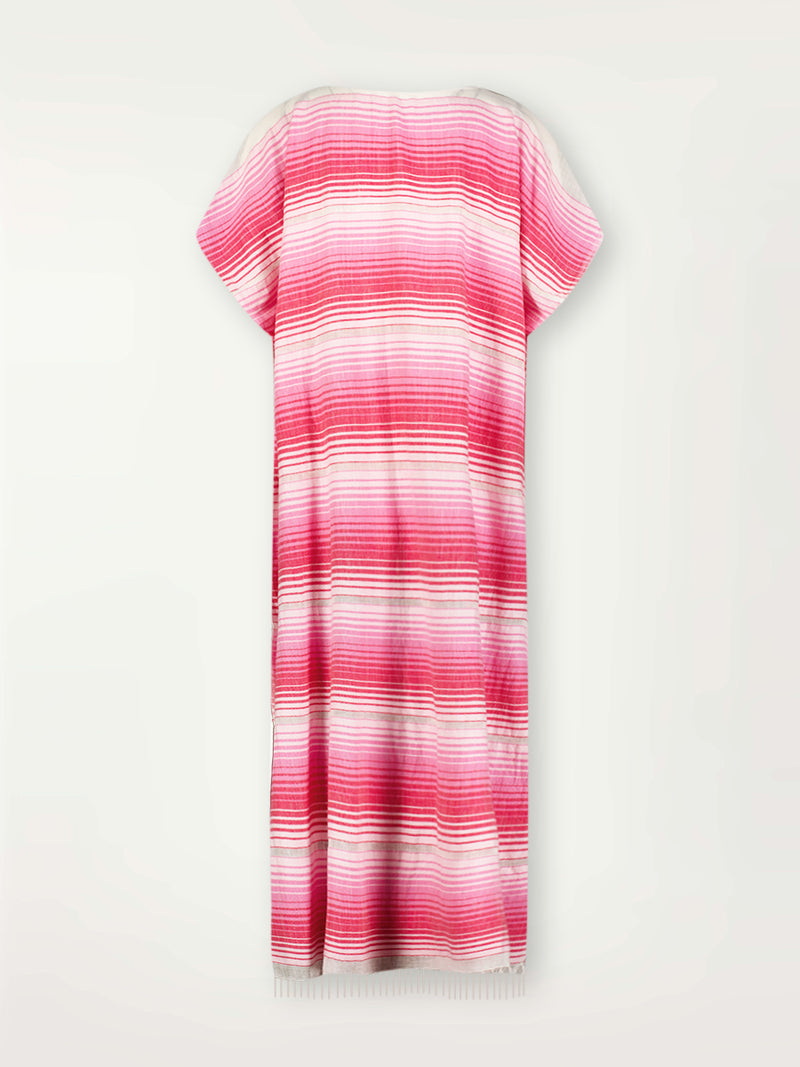 Product Back Shot of lemlem Dalila V Neck Caftan Dress featuring white, soft pink, and raspberry stripes that effortlessly blend into a stunning ombre effect