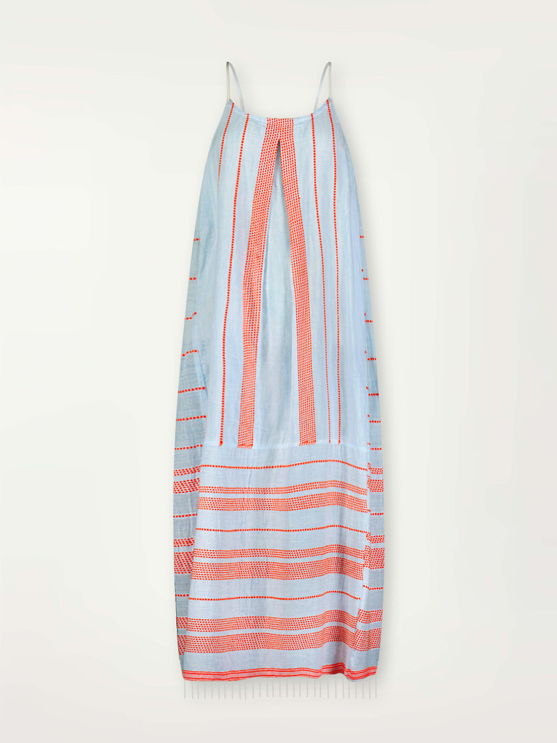 Product Front Shot of lemlem NIA Slip Dress featuring playful pattern of red dots becoming stripes on a pale blue background