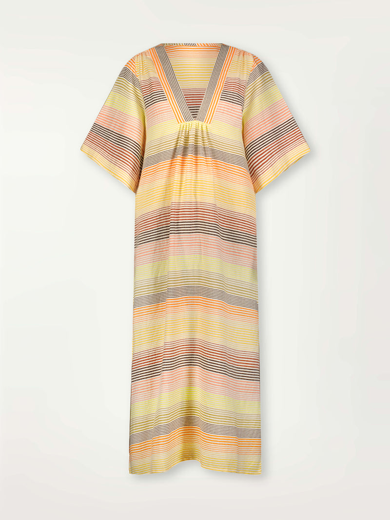 Product Front Shot of lemlem Edna Dress Featuring continuous stripe pattern in warm yellow, orange and peach tones.