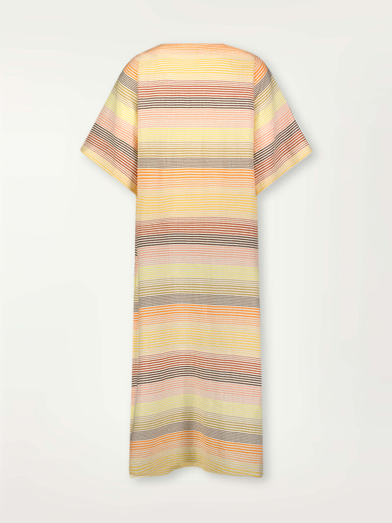 Product Back Shot of lemlem Edna Dress Featuring continuous stripe pattern in warm yellow, orange and peach tones.
