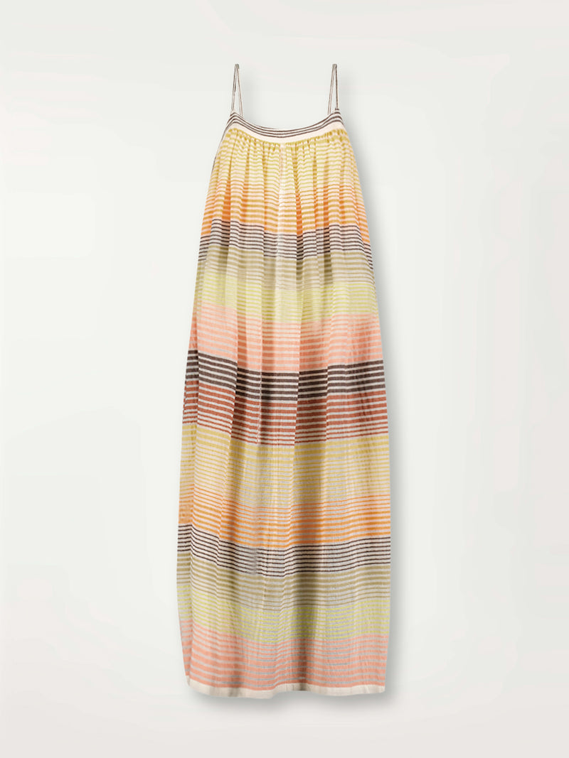 Product Front Shot of lemlem Eda Flowy Dress Featuring continuous stripe pattern in warm yellow, orange and peach tones.