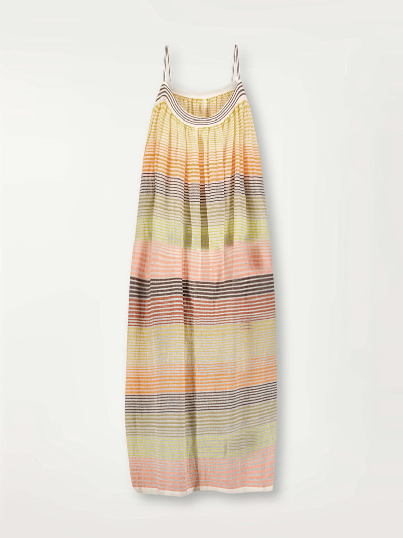 Product Back Shot of lemlem Eda Flowy Dress Featuring continuous stripe pattern in warm yellow, orange and peach tones.