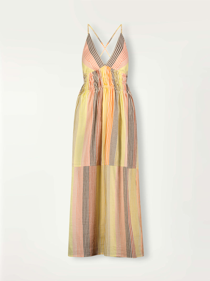 Product Front Shot of lemlem Gete Triangle Dress Featuring continuous stripe pattern in warm yellow, orange and peach tones.