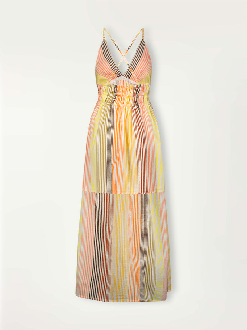 Product Back Shot of lemlem Gete Triangle Dress Featuring continuous stripe pattern in warm yellow, orange and peach tones.
