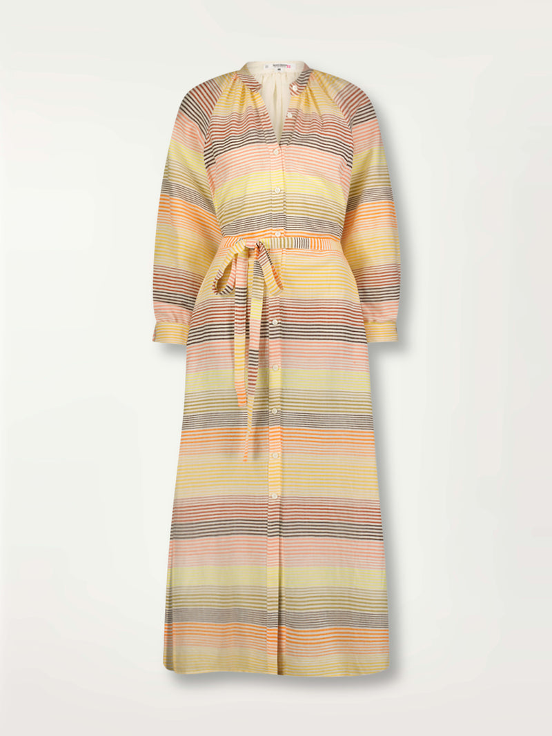 Product Front Shot of lemlem Makeda Button Up Dress Featuring continuous stripe pattern in warm yellow, orange and peach tones