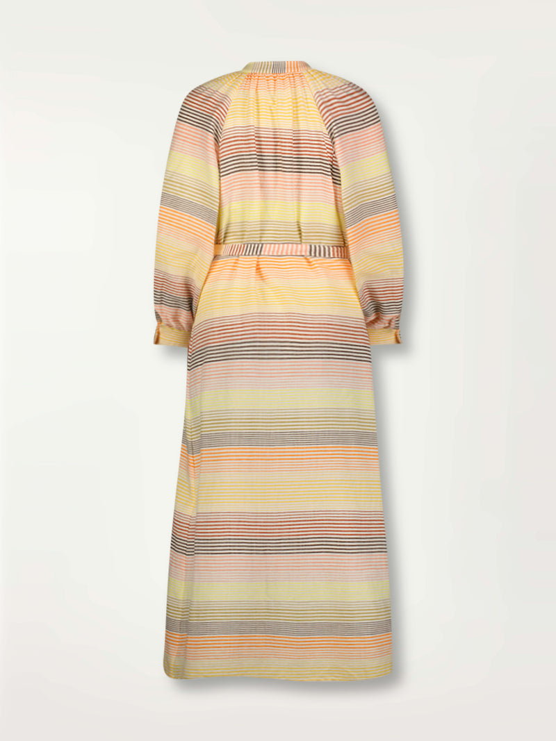 Product Back Shot of lemlem Makeda Button Up Dress Featuring continuous stripe pattern in warm yellow, orange and peach tones