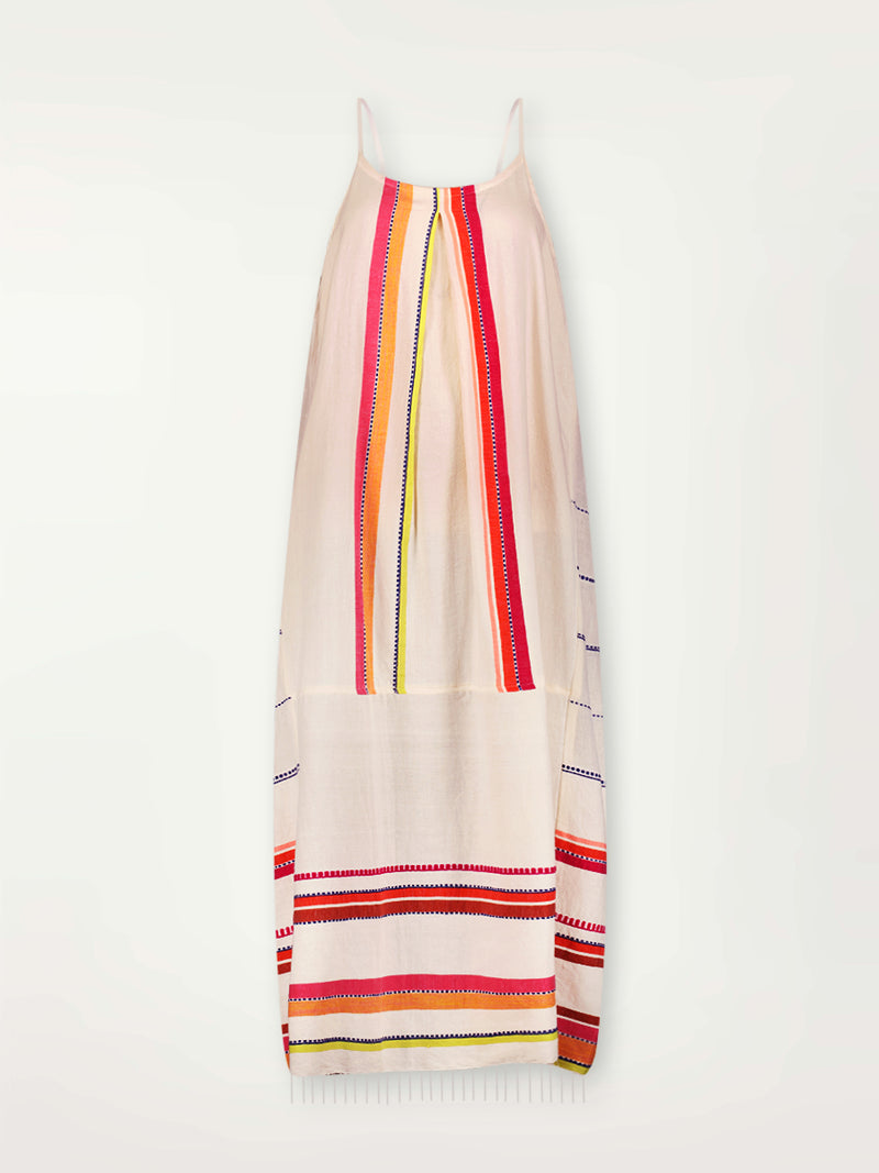Product Front shot of lemlem Nia Slip Dress featuring tibeb inspired stripes in a vibrant fiesta of colors against a creamy vanilla background.
