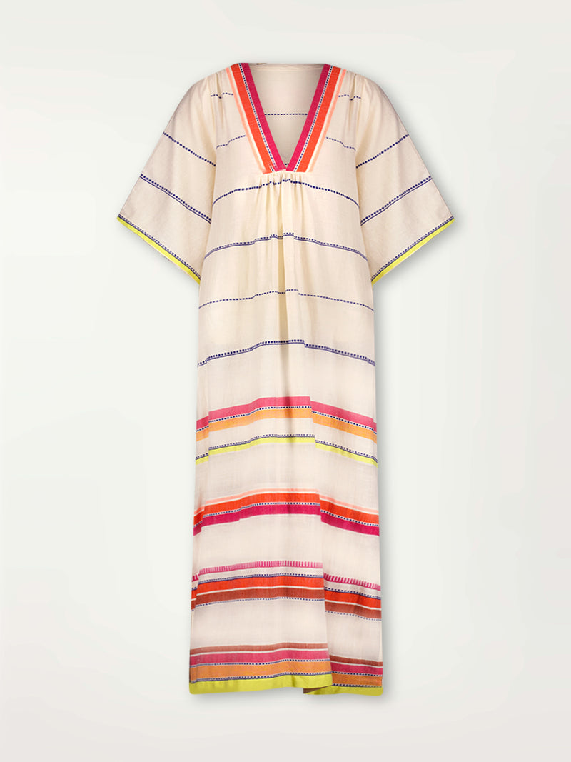 Product Front shot of lemlem Edna Dress featuring tibeb inspired stripes in a vibrant fiesta of colors against a creamy vanilla background.